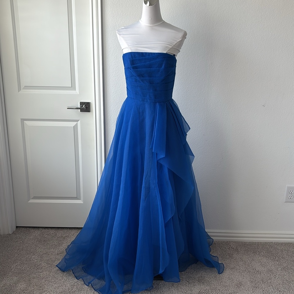 Theia Blue Asymmetrical Ruffled Strapless Gown - Picture 4 of 9